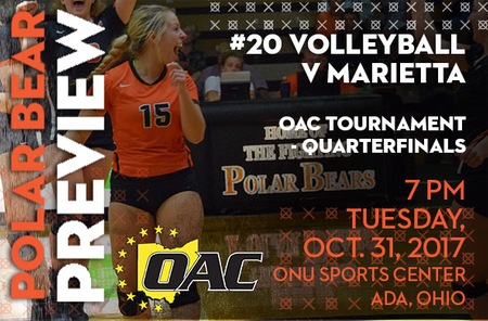 Volleyball: OAC Tournament Quarterfinals - Marietta (11-17 Overall, 3-6 OAC) at #20 Ohio Northern (25-4 Overall, 8-1 OAC)